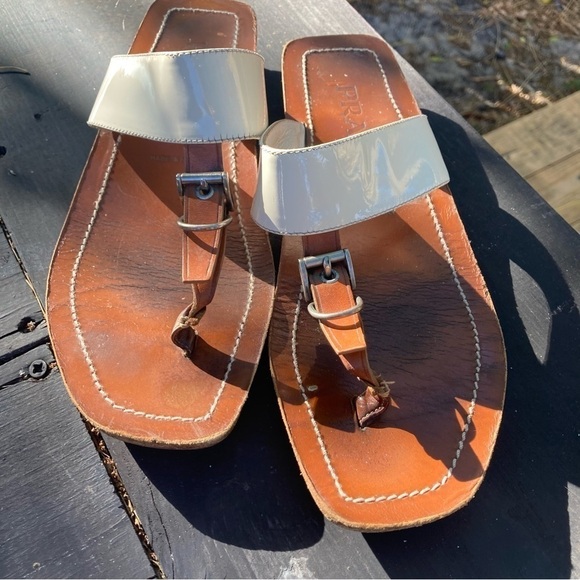 Authentic Prada Leather Sandals Ivory Patent Leather and Brown Slides Sz 38 - Picture 1 of 11